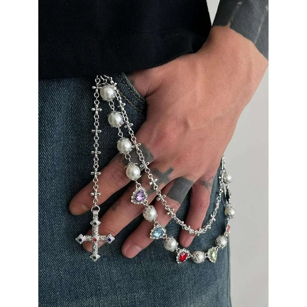 Silver Pants Chain Metal Dainty Trendy Pearl Heart Rhinestone Biker Punk Jewelry